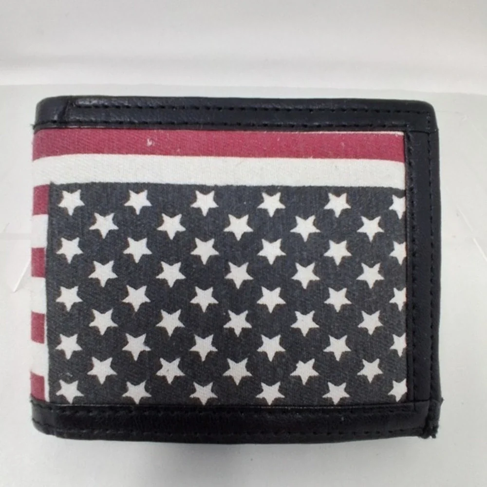 American Flag Bifold Wallet Black Leather Trim Canvas Stars Stripes Americana